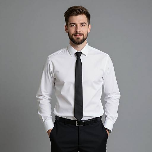 Photograph of a bearded man with short brown hair, wearing a white dress shirt, black tie, and black pants, standing against a plain gray