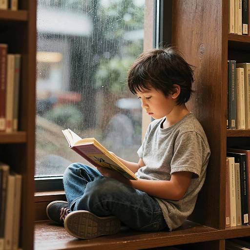 Child Reading in Sunlit Library Nook