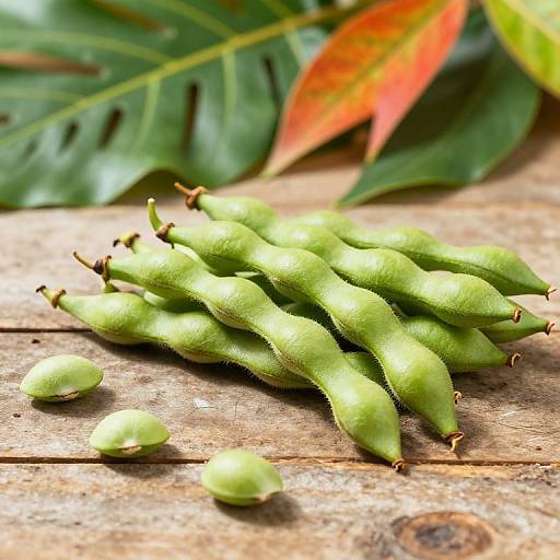 Photograph of green, fuzzy-podded peas on rustic wooden surface with large, green, and red-tinged leaves in the background.