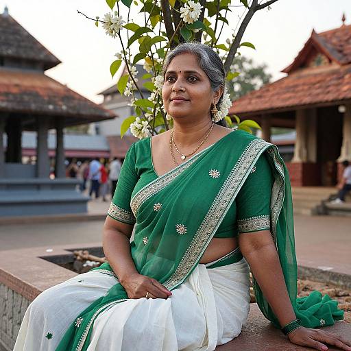 Photograph of an Indian woman with gray hair, wearing a green sari with white floral embroidery, sitting outdoors near a tree. Background includes traditional buildings