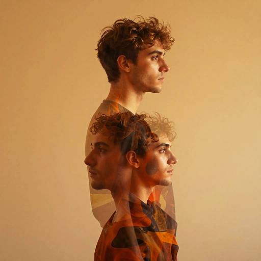 Photograph of a young man with curly hair, wearing a striped shirt, standing in profile against a warm yellow background, with his mirrored reflection overlapping his