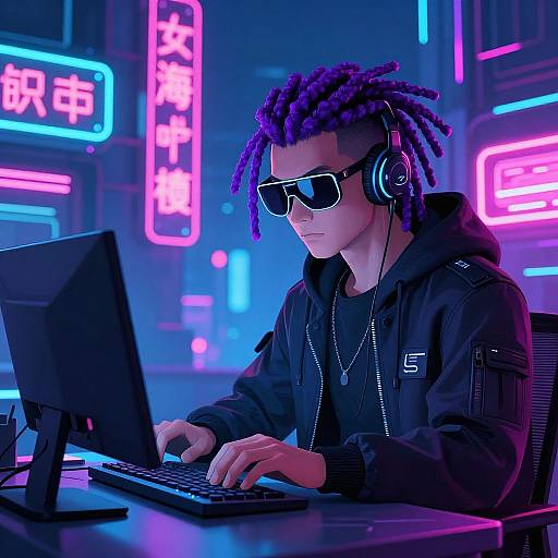Neon-lit cyber cafe: man with purple dreadlocks, black hoodie, sunglasses, headphones, typing on laptop, vibrant blue and pink neon signs