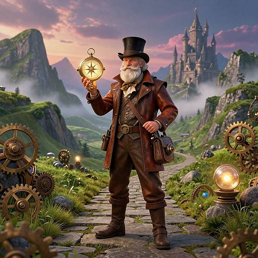 Photorealistic image of a bearded old man in steampunk attire, holding a glowing compass, standing on a stone path with gears, mountains