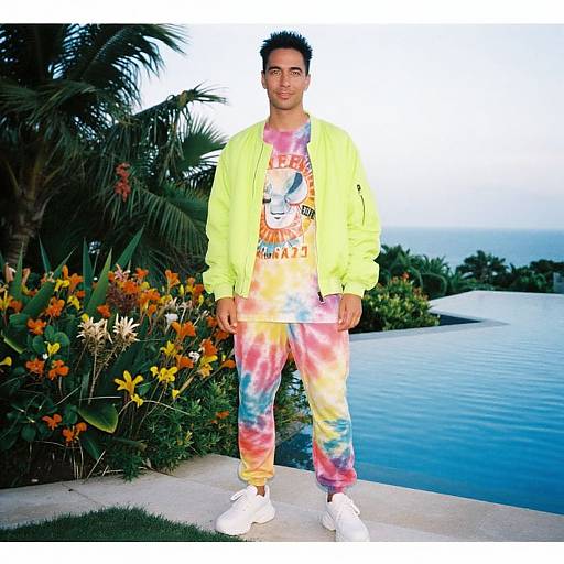 Photograph of a man with short black hair, wearing a neon yellow jacket, tie-dye shirt, and pants, standing by a tropical poolside