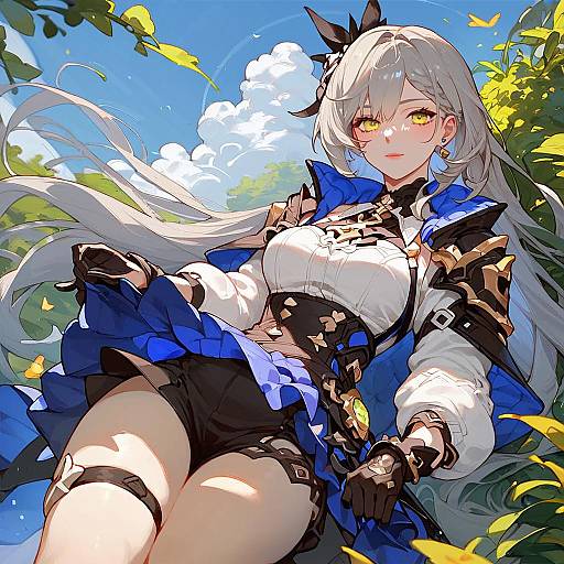 Digital anime-style artwork of a silver-haired, yellow-eyed woman in a blue and black outfit, lying in a sunlit forest, with yellow leaves and