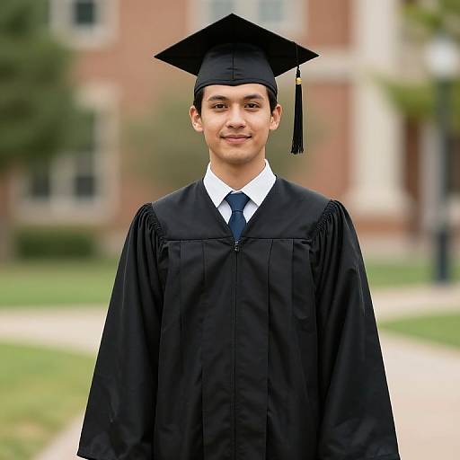 Photograph of a young man with light skin, brown hair, wearing a black graduation cap and gown with a white shirt and black tie, standing in