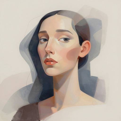 Digital portrait of a fair-skinned woman with long black hair, red lipstick, and subtle makeup, gazing slightly to the side. Soft, blended