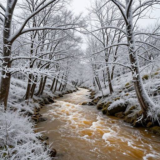 Photograph of a frosted, leafless forest stream with snow-covered trees and branches, flowing with turbulent, brownish-yellow water.