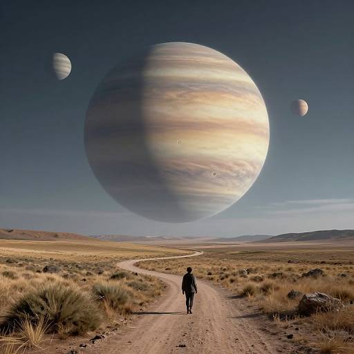 Photorealistic digital artwork: Silhouetted figure walks on dirt road through desert, gazing at large, colorful gas giant planet and two moons