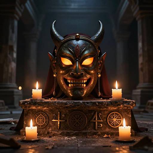 Photograph of a demonic mask with glowing orange eyes, black horns, and sharp teeth, centered on an altar with seven lit candles, surrounded by dark