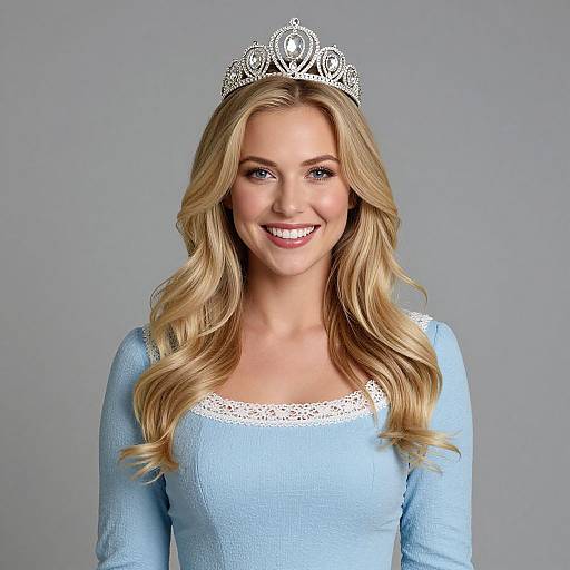 Photograph of a smiling blonde woman with wavy hair, wearing a silver tiara and light blue, long-sleeve lace-trimmed dress