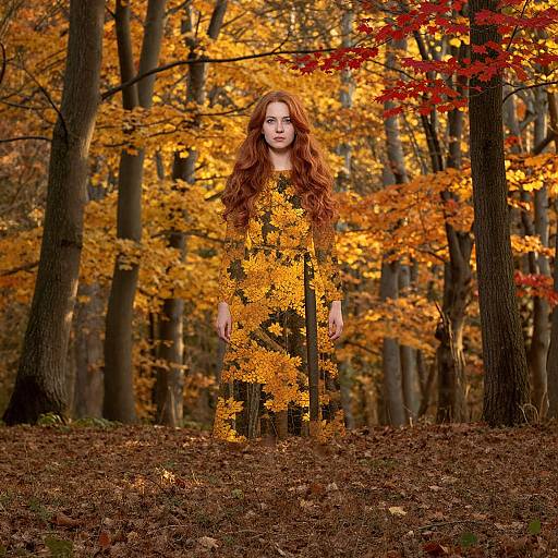Photograph of a red-haired woman standing in a forest, surrounded by vibrant autumn leaves, wearing a dress adorned with yellow and orange foliage, with tall