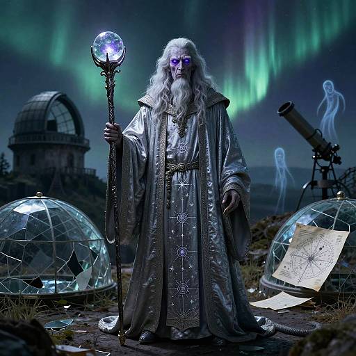 Cinematic Aurora Observatory Elderly Warlock Portrait