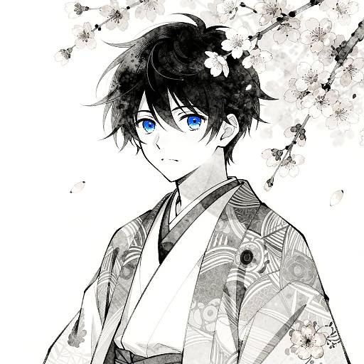 Digital anime-style drawing of a young man with black hair, blue eyes, wearing a detailed, patterned kimono, adorned with a flower, on