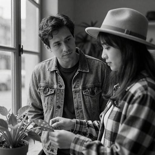 Black and White Portrait of Couple with Plant