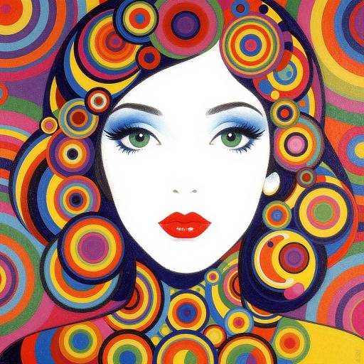 Digitally illustrated portrait of a white-faced woman with bright red lips, blue eyeshadow, and black hair, surrounded by vibrant, colorful concentric