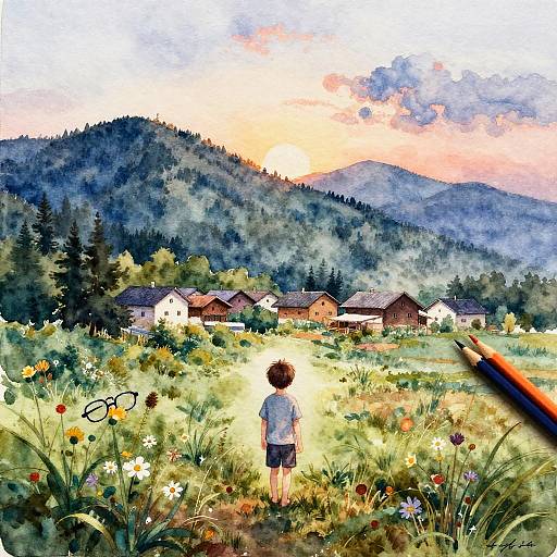 Watercolor painting of a young boy with glasses, standing in a sunlit meadow, facing a small village with mountains and a pink-orange sunset sky