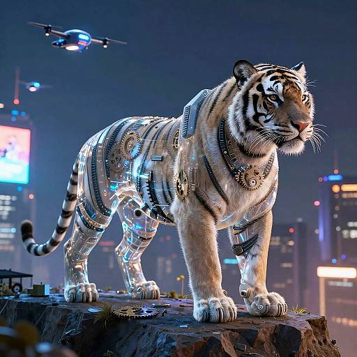 Majestic Robotic Tiger Over Futuristic City