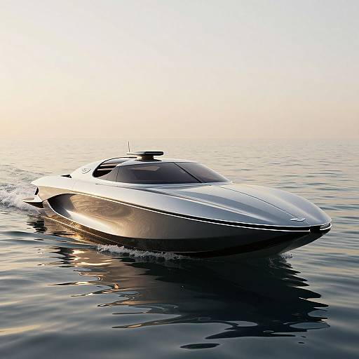 Photorealistic image of a sleek, silver, modern speedboat with a streamlined design, cutting through calm, reflective water at sunset.