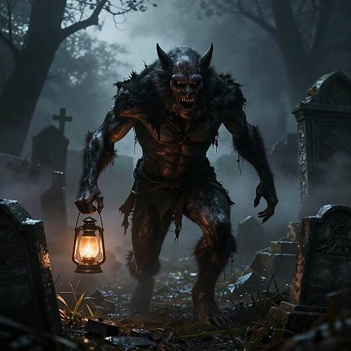 Haunting Werewolf in Foggy Graveyard