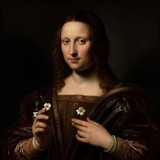 Photograph-style digital painting of the Mona Lisa holding two white flowers, wearing a dark brown, intricately detailed Renaissance dress.