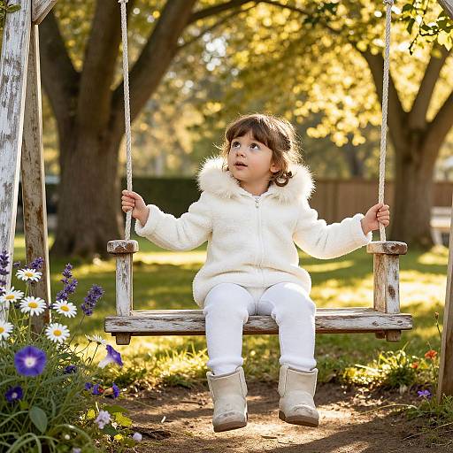Photograph of a young girl with brown hair, wearing a white fur coat, white pants, and beige boots, sitting on a wooden swing in a
