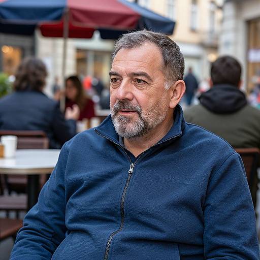 Photograph of a middle-aged man with a graying beard and short hair, wearing a navy zip-up jacket, seated outdoors at a café with blurred