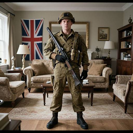 Photograph of a male soldier in full camouflage gear, holding a rifle, standing in a living room with Union Jack flag, beige furniture, and wooden
