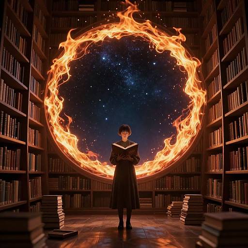 Digital artwork: Dark-haired woman in black coat reads book in library, framed by circular fire, starry sky background. Shelves filled with books on