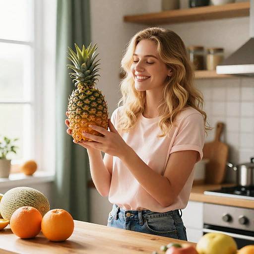 Smiling Woman Holding Pineapple in Bright Kitchen