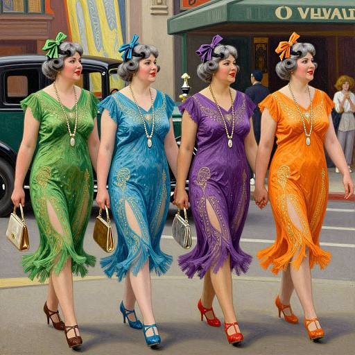 Photograph of four vintage-style women in colorful, fringed dresses and hats, holding hands, walking on a city street with a 