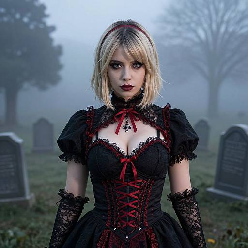 Photograph-style digital art of a pale, blonde woman with dark makeup, wearing a black and red gothic lace dress, standing in a misty