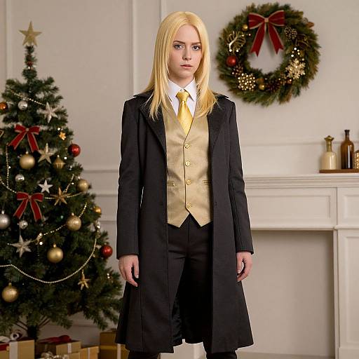 Photograph of a blonde woman in a black coat, gold vest, and yellow tie, standing in a Christmas-decorated room with a tree and