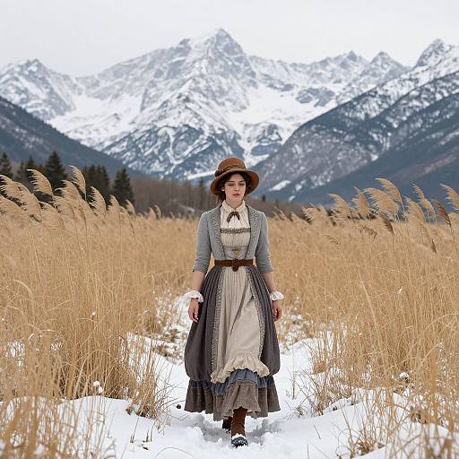 Photograph of a woman in vintage clothing, brown hat, and apron, standing in a snowy field with golden grass, against a backdrop of snow
