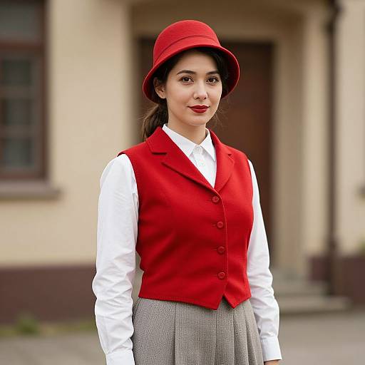 Photograph of a young woman with fair skin, red hat, red vest, white shirt, and gray skirt, standing in front of a beige building