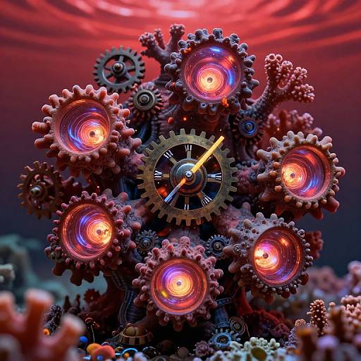 Photograph of a mechanical clock made from interlocking gears, each gear housing a glowing red-orange light, set against a red, swirling background.