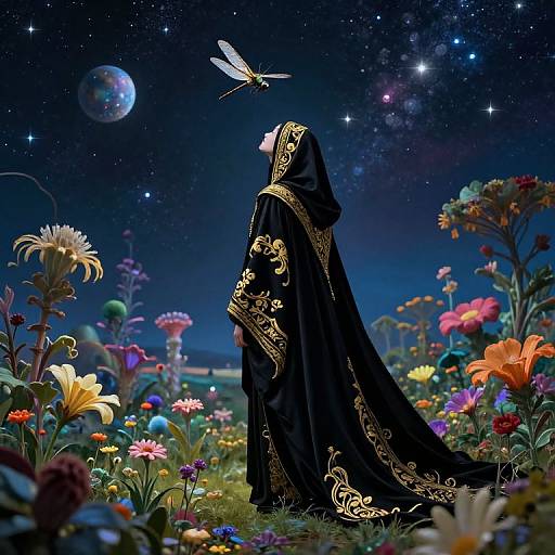 Digital artwork of a hooded figure in black, gold-embroidered robes, gazing at a glowing dragonfly in a starry, flower