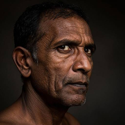 Close-up photograph of an elderly, shirtless Indian man with deep wrinkles, dark skin, short black hair, and intense gaze against a black background.