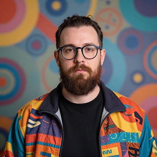 Bearded Man in Colorful Abstract Jacket