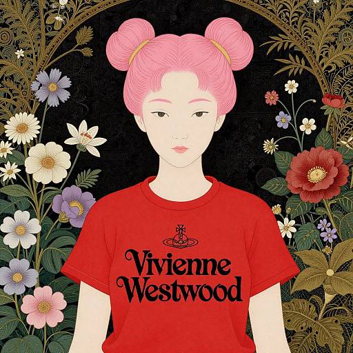 Digital art of a white-skinned woman with pink hair buns, wearing a red shirt with 