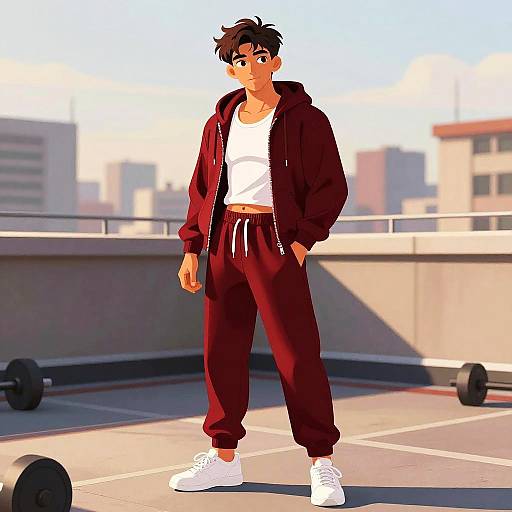 Fit Teen Male in Red Velvet Tracksuit