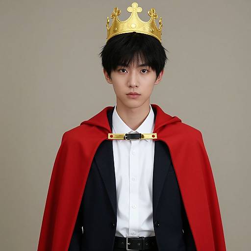 Young Asian man with black hair, golden crown, red cape, white shirt, black suit, neutral gray background, serious expression. Digital CGI image.