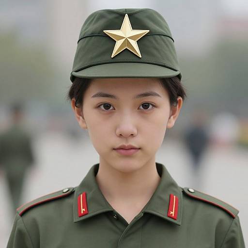 Photograph of a young Asian male with fair skin, wearing a green military uniform and cap with a gold star, standing outdoors with a blurred background.