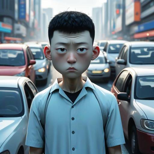 Sad Asian Man in Traffic Jam