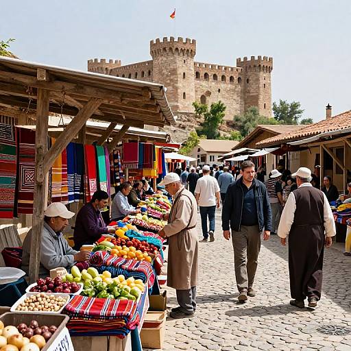 Photograph of vibrant outdoor market with colorful textiles, fresh fruits, and stone castle in background, bustling with people in traditional clothing.