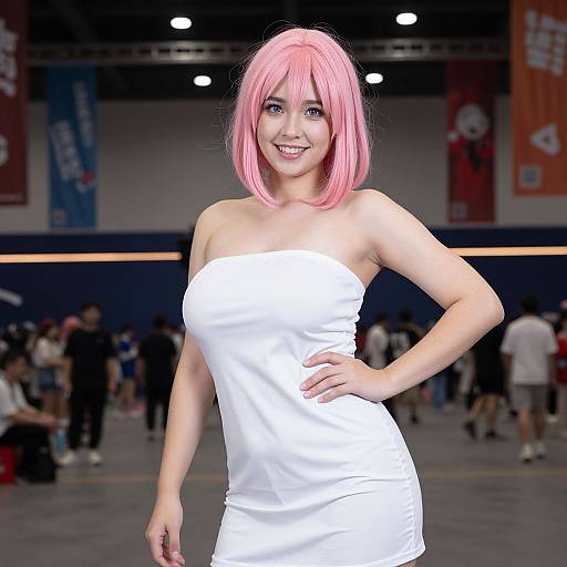 Confident Cosplayer in White Bandeau Dress
