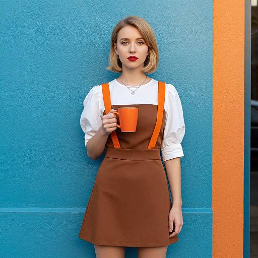 Photograph of a blonde woman with red lipstick, wearing a white shirt and brown pinafore dress with orange suspenders, holding an orange mug,
