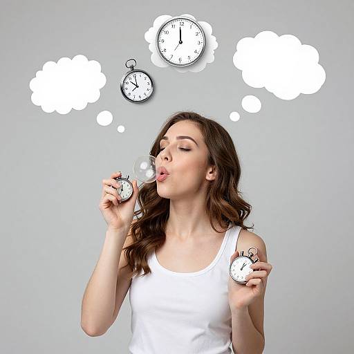 Photograph of a brown-haired woman in a white tank top, blowing bubbles with two small clocks above her head, against a light gray background.