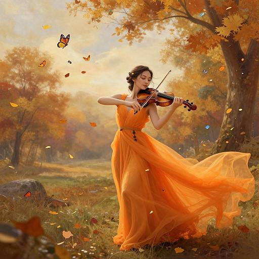Photograph of a fair-skinned woman in an orange, flowing dress playing violin amidst autumn leaves and butterflies in a sunlit forest.