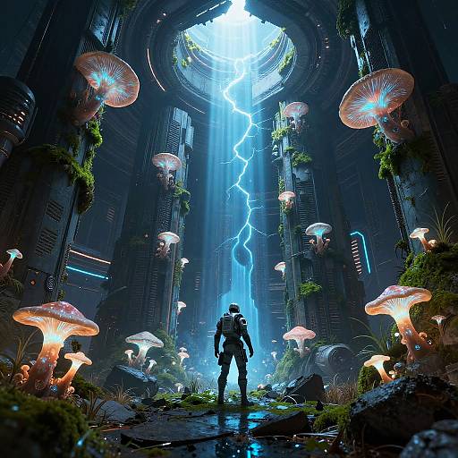 Futuristic Monolith with Neon Fungi